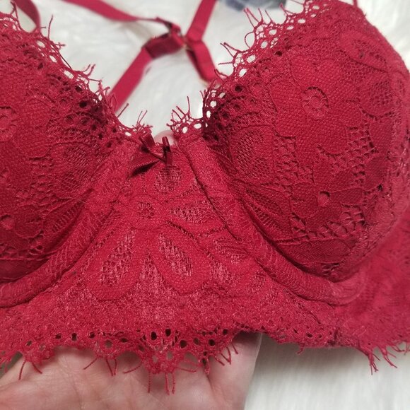 Aerie | Red Floral Lace Real Power Plunge Underwire Bra Convertible Back 32B - Picture 3 of 8